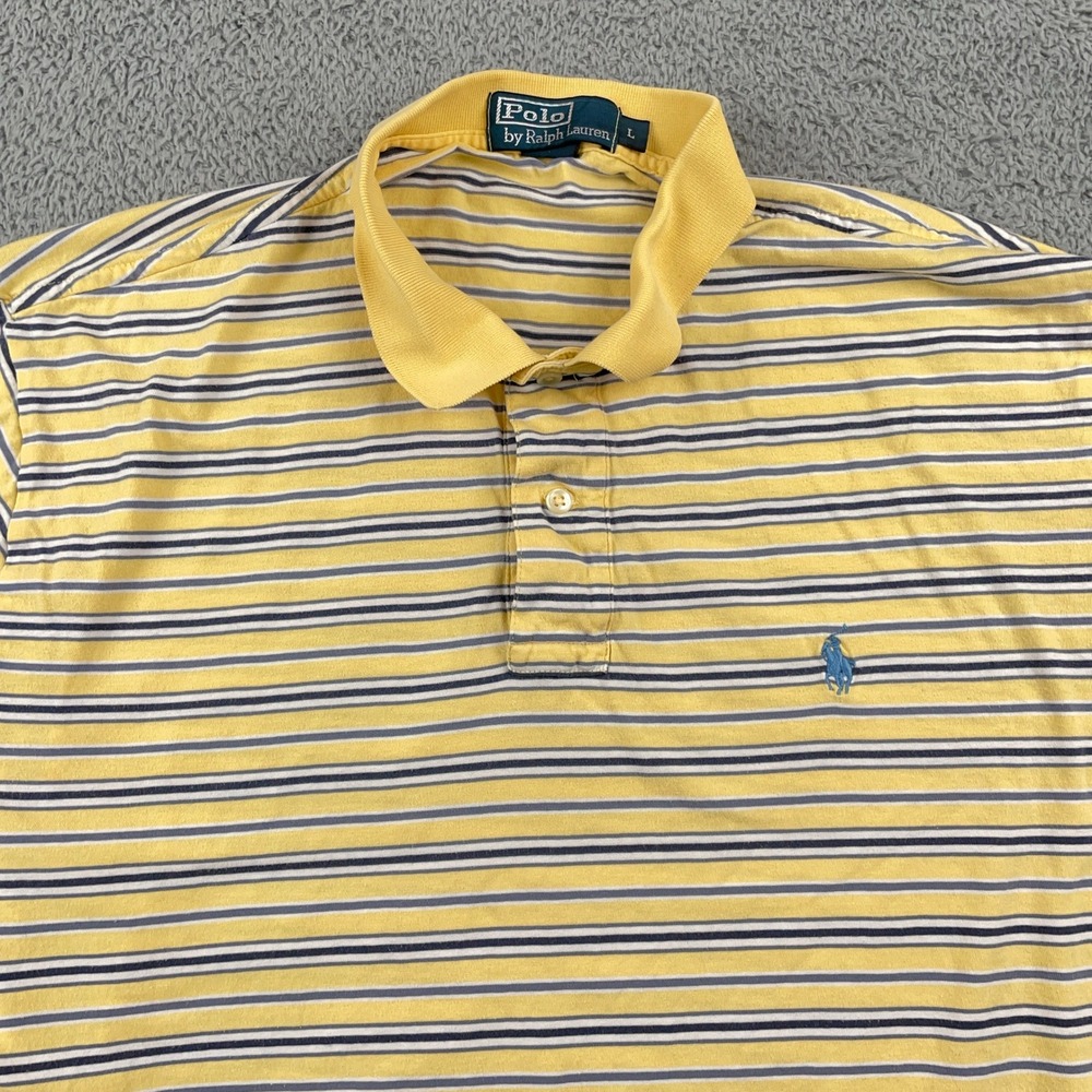 VTG Polo Ralph Lauren Shirt Mens Large Yellow Striped Short Sleeve Cotton Polo